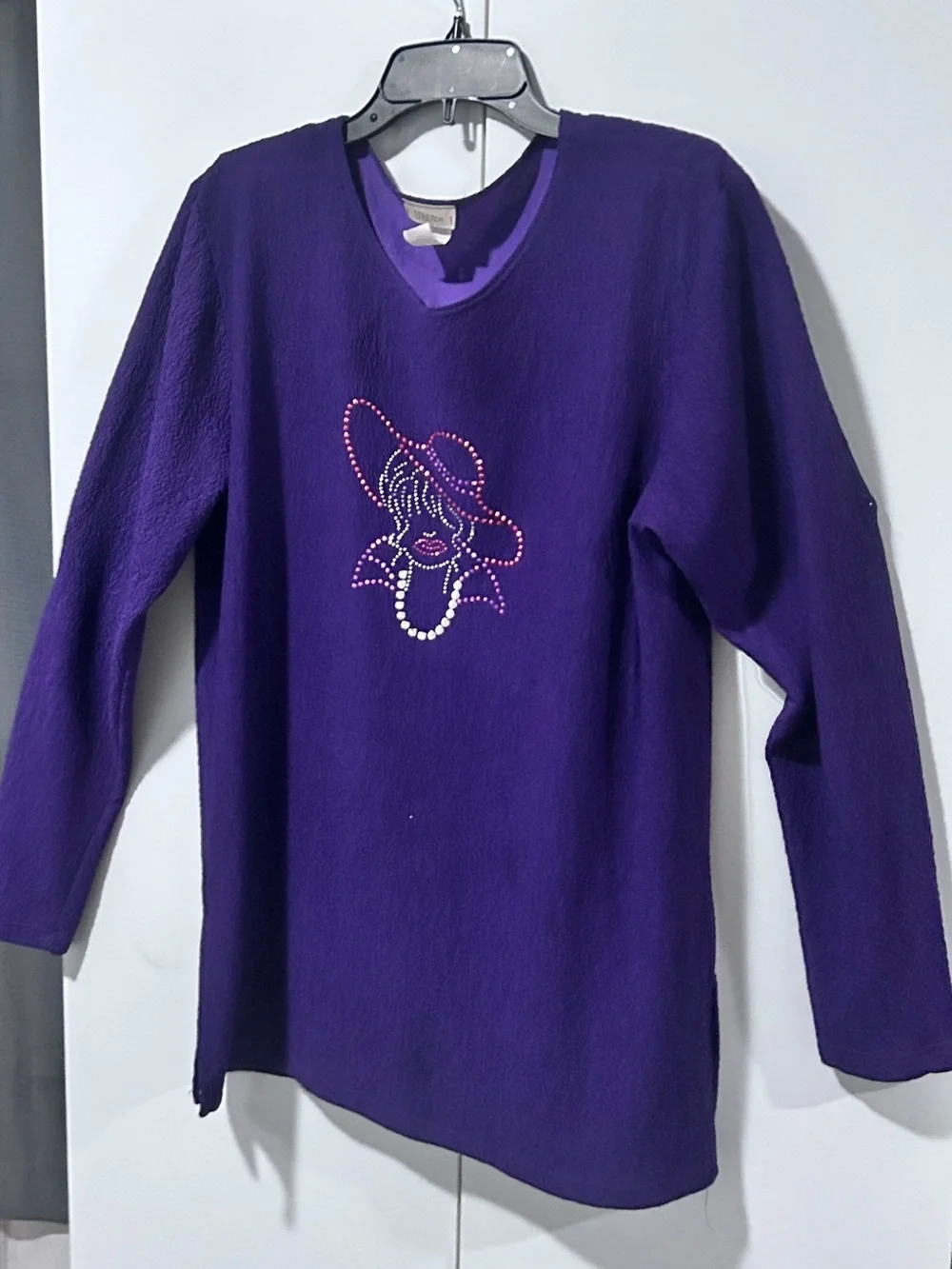 Purple Women's V-Neck Sweater with Embellished Hat Motif